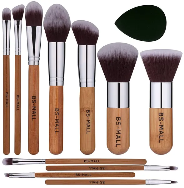 BS-MALL Makeup Brush Set 11Pcs Bamboo Synthetic Kabuki Brush Set Foundation Powder Blending Concealer Eye shadows Blush Cosmetics Brushes with Organizer Bag & Makeup Sponge… - 