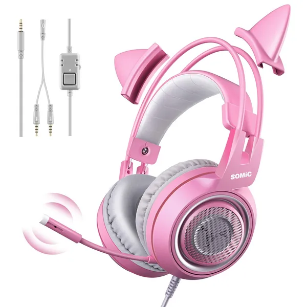 SOMIC G951s Pink Gaming Headset with Mic for PS4, Xbox, PC, Mobile Phone, 3.5mm Cat Headphones Noise Reduction Over Ear Headphones with Detachable Cat Ear for Girls Woman - Pink