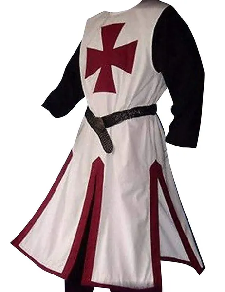 Mens Medieval Crusader Knights Templar Tunic Costumes Renaissance Halloween Surcoat Warrior Black Plague Cloak Cosplay Top - X-Large L-burgundy