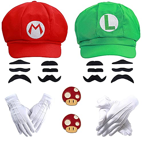 Super Bros Mari & Luigi Unisex Hat Cap set Gloves Mushroom Brooch Cosplay Costume (Red and Green) 2Pcs