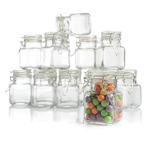 (3 oz) Small Square Glass Jars with Airtight Round Lids, Empty Spice Containers with Labels, Leak Proof Rubber Gasket and Hinged Lid, Chalkboard Label & Marker Included, For Home or Kitchen (12 Pack) - 12