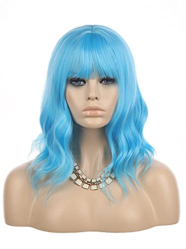 eNilecor Blue Wig Short Curly Bob Wigs with Air Bangs 14" Natural Colored Wigs for Women - Blue