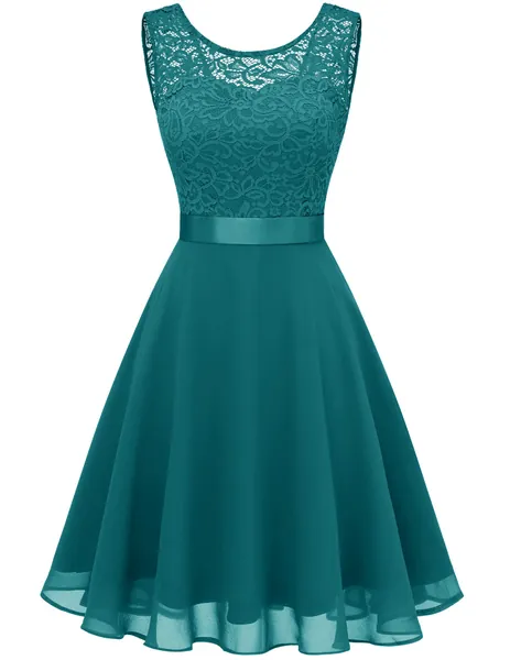 BeryLove Women's Short Floral Lace Bridesmaid Dress A-line Swing Party Dress - X-Small Shot-peacock Green