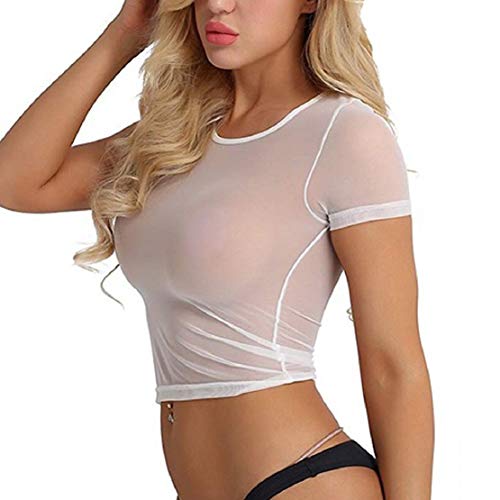 Women Sexy See Through Super Crop Top Short Shirts O Neck Short Sleeve T Shirts by Lowprofile - Z - Transparent - White - Small