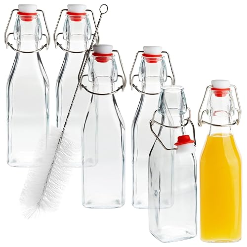 6 Pack 8 oz Swing Top Glass Bottles with Stoppers, Cleaning Brush - Hot Sauce Bottles for Vanilla Extract, Infused Oil, Syrup, Homemade Kombucha