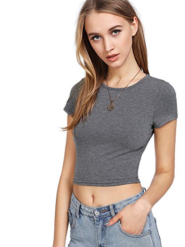 SweatyRocks Women's Basic Short Sleeve Scoop Neck Crop Top - X-Small - Grey