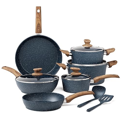 Kitchen Academy Pots and Pans Set Non Stick - 12 Piece Induction Kitchen Cookware Sets, Blue Granite Nonstick Cooking Pans Set - 12 PCS Cookware Set - Blue