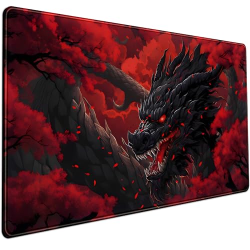 Huge Dragon Large Mouse Pad Red and Black Mousepad Red Desk Mat, Big Full Keyboard and Mouse Pad Cool Desk Pad for Keyboard Mouse with Stitched Edges Anti-Slip Funny Desk Pad, 31.5 X 15.8 in. - Shenlong Red