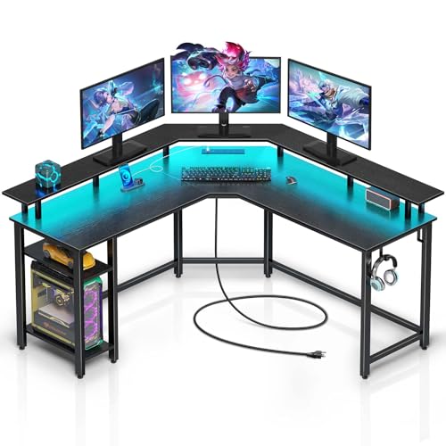 Rolanstar L Shaped Gaming Desk with LED Lights & Power Outlets, 55.1" Computer Desk with Full Monitor Stand & Storage Shelf, Corner Desk with Hooks, Black Desk Reversible - 55.1*48*34.4 inch - Black