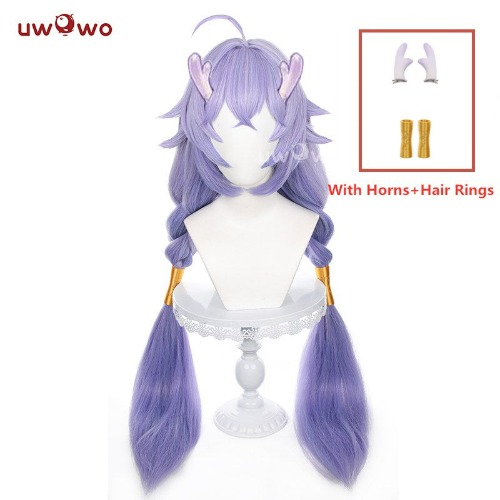 【Pre-sale】Uwowo Honkai Star Rail Cosplay Wig Bailu Dragon Wig Long Blue Hair (With Horns And Hair Rings) - With Horns+Hair Rings