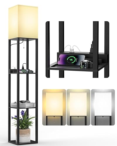 PAZZO Floor Lamp with Shelves, Shelf USB Floor Lamp, 3 Color Temperatures Solid Wood Floor Lamp with 2 Charging Ports and 1 Power Outlet, Lamps for Livingroom Bedroom, Bulb Included, Matt Black - Multifunction-Matt Black