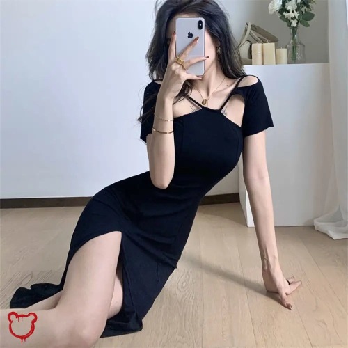"Black Split Shoulder Dress" - Black / M