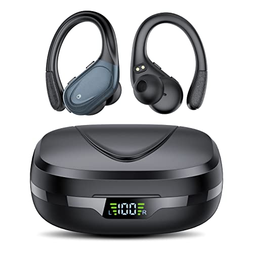 CASCHO Wireless Earbuds Bluetooth Headphones 60Hrs Playtime HD Stereo Audio Digital LED Display Over-Ear Earphones with Earhook Waterproof Headset with Mic for Sport Running Workout - Black