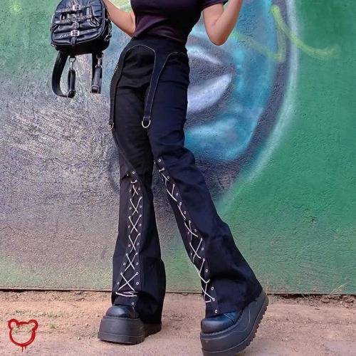 Black Grunge Lace Up Pants - black / M