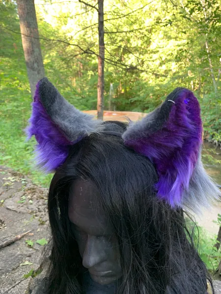 Asexual Purple and Gray Kitten Ears, Handmade Faux Fur Kitten Cosplay Anime Neko Ears on Headband