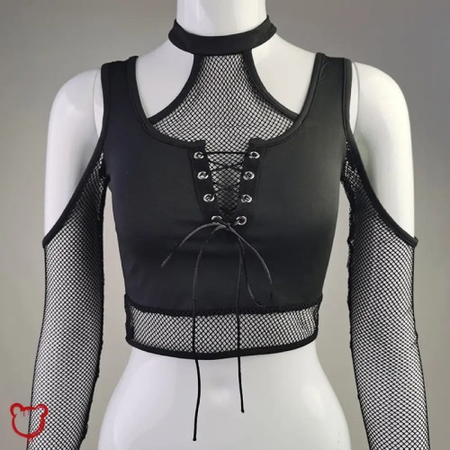 'Dark Cut-Out Net Top' - black / M