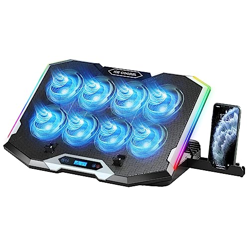 ICE COOREL Gaming Laptop Cooling Pad with 8 Cooling Fans, Laptop Cooler Stand with 6 Height Adjustable, RGB Cooling Pad 15-17.3 Inch for Laptop with Two USB Port + Phone Stand - 8 Fans