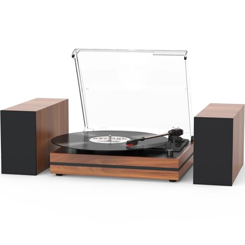 Vintage Record Player with External Speakers Belt-Drive Turntable for Vinyl Records Dual Stereo Speakers LP Players Support 3 Speed 3 Size Wireless Playback AUX Headphone Input Auto Stop Wood Red - Bark Red - Come with External Speakers