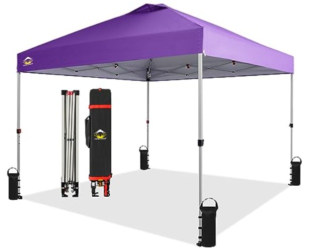 CROWN SHADES 10x10 Pop Up Canopy - Beach Tent with One Push Setup - Easy Outdoor Sun Shade for Events, Parties, Camping - Gazebo with STO-N-Go Cover Bag, Silver Coated Top, Purple - Purple - 10x10