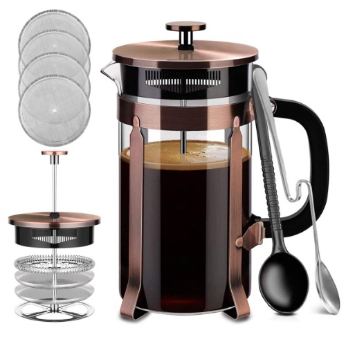 French Press, Premium 8 Cup 34-Ounce No Grounds Coffee Tea Maker, 4 Level Filtration System & Extra 4 Filters Screen, 2 Spoons for Measuring and Mixing, Stainless Steel, Heat-Resistant Borosilicate Glass