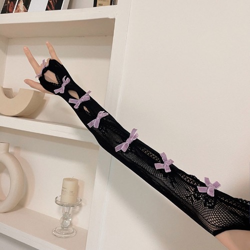 Elegant Princess Lace Gloves - Black & Purple Bows