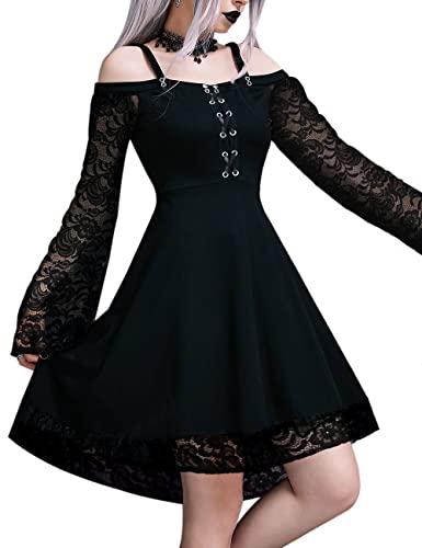 LANSHULAN Lace Long Sleeve Dress Black Draped Bodycon Goth Vintage Dresses - Large - Q-black