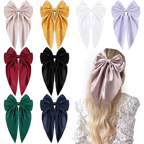 8Pcs Big Satin Layered Hair Bows for Women Girls, Large Barrette Hair Clip Long Black Ribbon Bows French Style Hair Accessories - Big Satin Bow