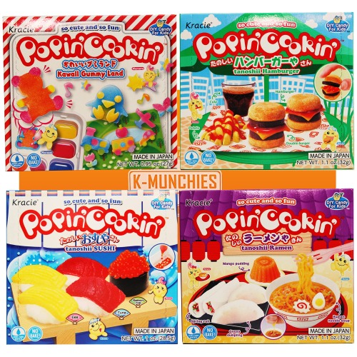 K-Munchies Kracie Popin Cookin Kits - 8 Pack Assorted Japanese Candy Making Kit - Bento, Ramen, Hamburger, Gummy Sushi, Waffle, Cake, Donut DIY Candy Kit - Edible Experiments for Kids - Made in Japan - Ramen, Hamburger, Gummi Land, Sushi 4 Piece Set