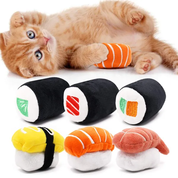 CiyvoLyeen 6 Pack Sushi Cat Toys with Catnip Sushi Roll Pillow Kitten Chew Bite Supplies Boredom Relief Fluffy Kitty Teeth Cleaning Chewing Cat Lovers Interactive Plush Gift - 