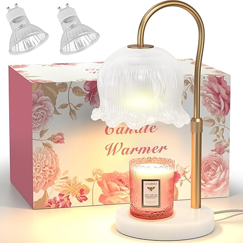 Lilymiya Candle Warmer Lamp with Timer - Modern Flower Shape, Dimmable, Hight-Adjustable Candle Warming Lamp with Premium Marble Base for Jar Candles, Scented Wax, 2 Bulbs Included for Home Decor - Marble Base Tulip