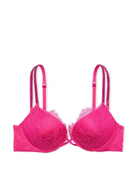 Victoria's Secret Forever Pink Lace Add 2 Cups Push Up Double Shine Strap Add 2 Cups Push Up Bombshell Bra