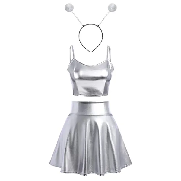Women 3Pcs Shiny Holographic Faux Leather Club Dress Halloween Alien Cosplay Costume Wetlook Crop Top + Flared Pleated Short Skirt + Headband Stage Musical Festival Outfits - S - Silver - Strappy