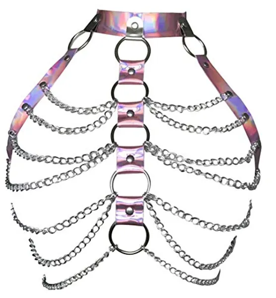 Women Harness Bra Leather Metal Chain Adjustable Cage Waist Belts Punk Body Chest Harness Gothic Straps Costume Clubwear - Pink