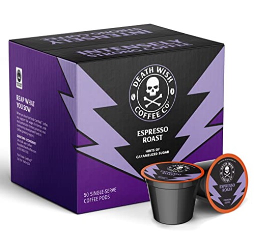 Death Wish Coffee Co. Espresso Roast Single Serve Coffee Pods - Extra Kick of Caffeine - Fair Trade and Organic Coffee (50 Count) - Espresso Roast - 50 Count (Pack of 1)