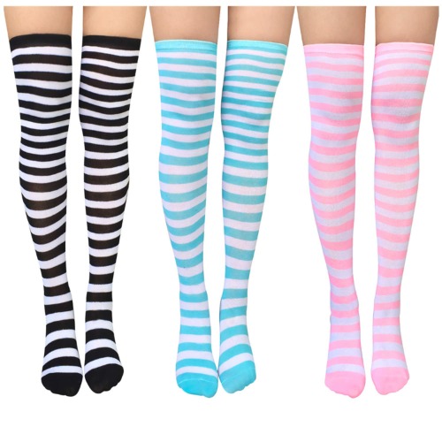 Womens Thigh High Socks Cotton Striped Over the Knee Socks Long Knee High Socks for Women … - Pink-3 Pairs( Slim Stripes)