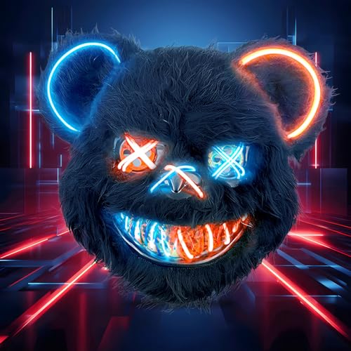 BESSEEK Halloween Scary Mask Bear Rabbit Bunny Mask, Bloody Plush Head Mask, Cosplay Costume Props Halloween Party - Black Bear Led(blue+red)