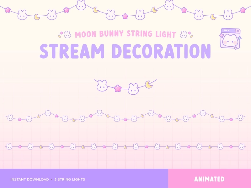 Twitch Overlay Moon Bunny | Animated String Light Decoration | 3 String Styles | Pastel Cute Aesthetic | Spring Easter | Celestial Stars