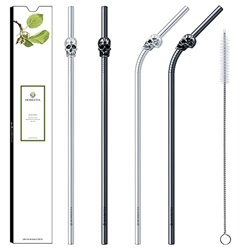 Homestia Long Reusable Straws Metal Straws for Parties, Drinking Straws Reusable Stainless Steel Straws, Skull Straws for Tumblers, 2 Straight 2 Bent, 10.5" Travel Straws with Cleaning Brush - Silver 4