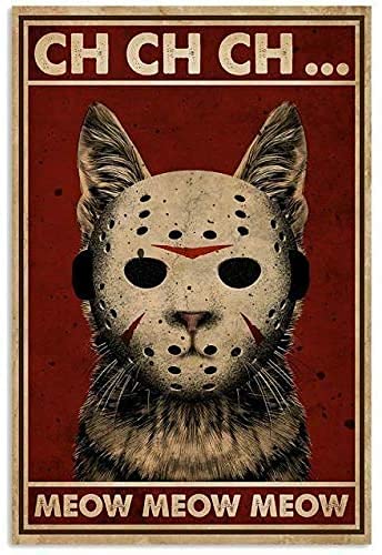 Noete Horror Jason Cat Meow Metal Poster Wall Decor For Him Country Home Decor Vintage Tin Sign 8x12 Inch Red 8 x 12 Inch - 