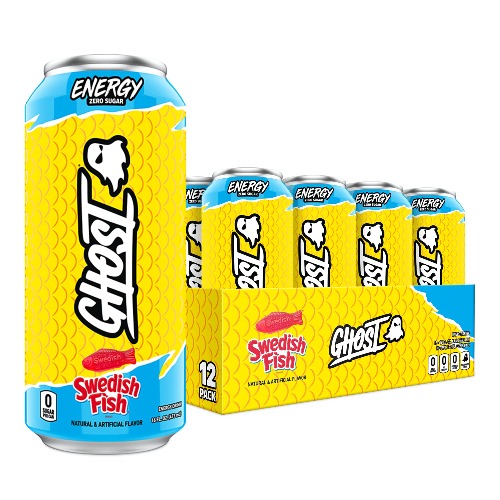 GHOST ENERGY Sugar-Free Energy Drink - 12-Pack, SWEDISH FISH, 16oz Cans - Energy & Focus & No Artificial Colors - 200mg of Natural Caffeine, L-Carnitine & Taurine - Soy & Gluten-Free, Vegan - SWEDISH FISH