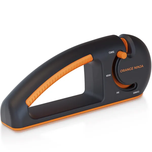 Orange Ninja 4-Stage Knife Sharpener - Premium Kitchen Knife Sharpeners - Adjustable Handheld Manual Knife Sharpeners for Kitchen Knives, Pocket knife Sharpener, Chef & Serrated Knife by Sharp Pebble - 