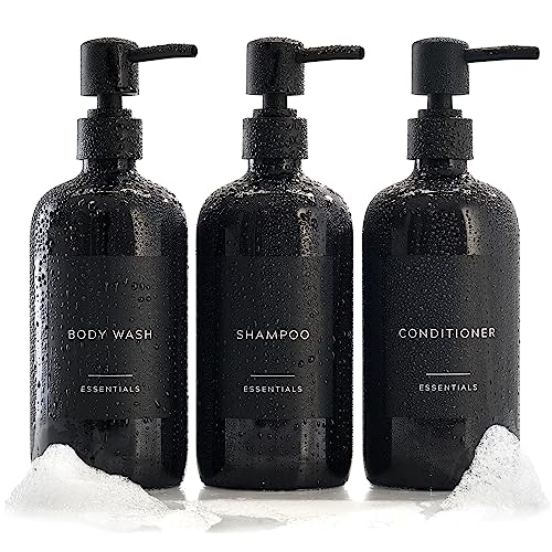 Stylish Shampoo and Conditioner Dispenser Set of 3 - Modern 21oz Shower Soap Bottles with Pump and Labels - Easy to Refill Body Wash Dispensers for an Instant Bathroom Decor Upgrade - Black - Black