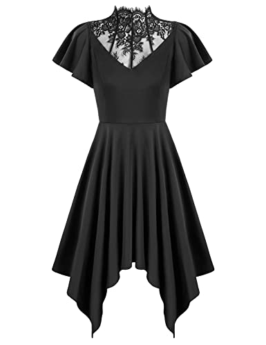 Scarlet Darkness Women's Black Goth Dresses Lace Neckline Vintage Party Dress - XX-Large - Black Irregular