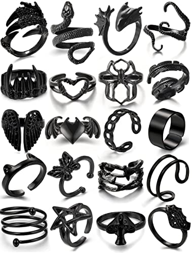 Black Gothic Vintage Rings Set - 20-30 PCS Cool Punk Snake Claw Rings Set, Y2K Snake Claw Rings, Open Butterfly Star Stacking Ring Jewelry, Gift for Men Women Girls Boys - black 1