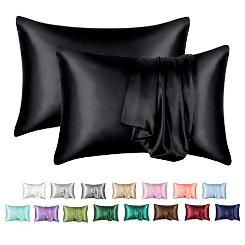 MR&HM Satin Pillowcase for Hair and Skin, Silk Satin Pillowcase 2 Pack, Queen Size Pillow Cases Set of 2, Silky Pillow Cover with Envelope Closure (20x30, Black) - 01 - Black - Queen(20"x30")