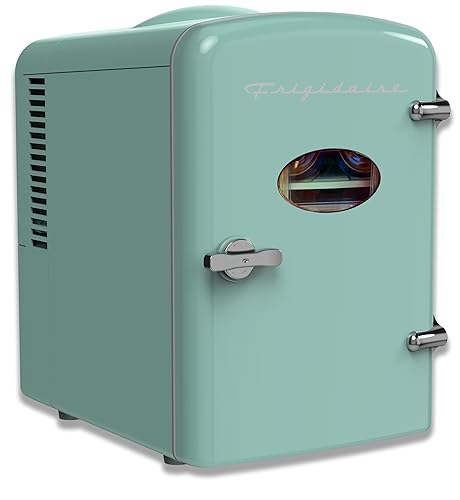 Frigidaire EFMIS129-MINT Mini Personal Fridge Cooler, 1 Gal Capacity fits Six Cans, Includes Plugs for Home Outlet & DC Charger-9.84" D x 7.09" W x 10.35" H - MINT