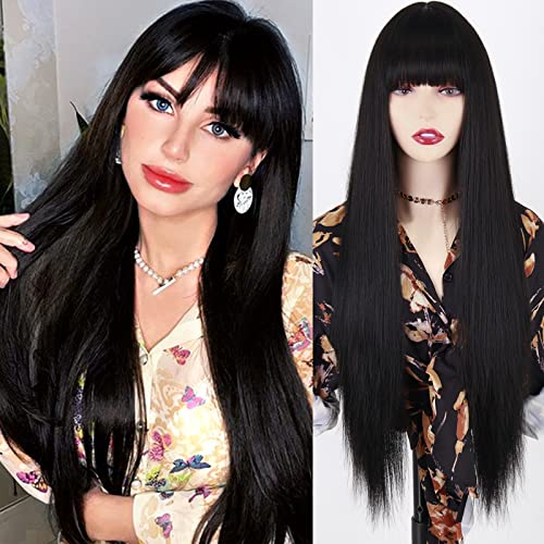 MISSQUEEN Long Black Wigs with Bangs, Straight Black Wigs for Women, Synthetic 30 Inch Long Straight Black Bangs Wig for Daily Wear - Black