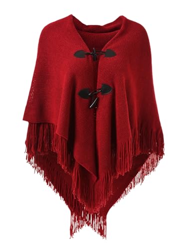 Ferand Women’s Loose Fitting Poncho Cape Shawl with Stylish Horn Buttons, V Neckline and V Hem - One Size - Red