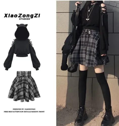 Polerón con orejas de gato, falda a cuadros