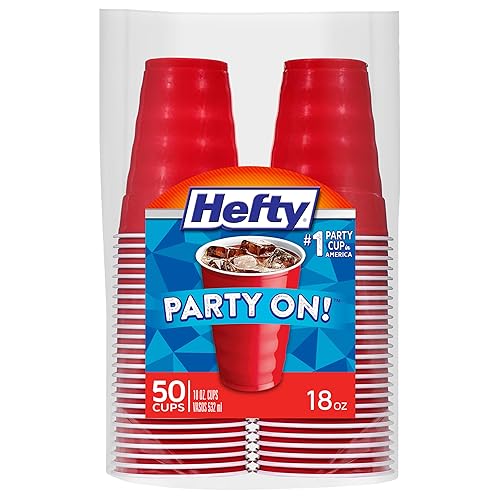 Hefty Party On Red Plastic Cups, Disposable Plastic Party Cups for Easy Cleanup and Large Gatherings, Red Cups for BBQs, Birthdays, Parties, and More, 18 Ounce, 50 Count - 18oz - 50 Count - 18 OZ